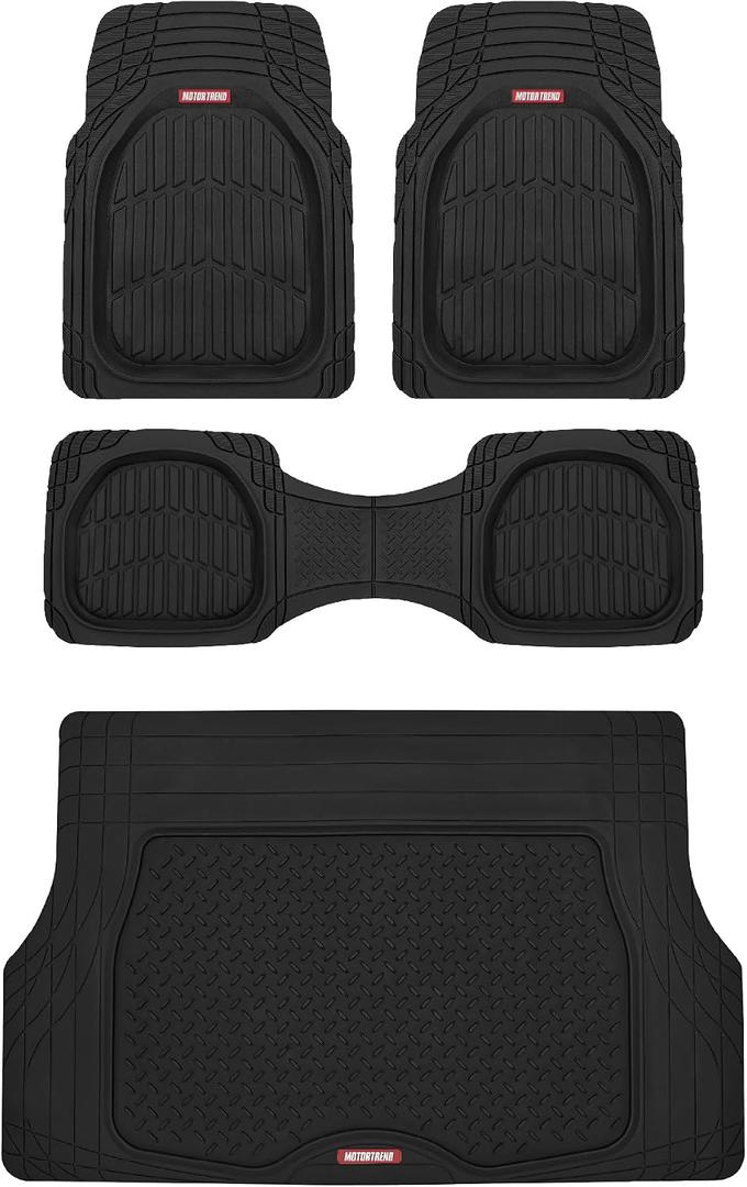 Motor Trend FlexTough 4-Piece Heavy Duty Floor Mats for Cars Trucks SUVs, Automotive Floor Mats Car Mats Full Set Front, Rear & Cargo, Trim-To-Fit Semi-Custom Deep Dish All Weather Rubber Mats - Black