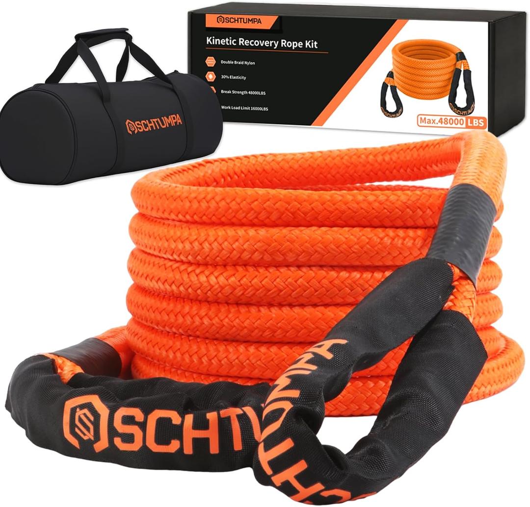 Kinetic Recovery Tow Rope, 1in x 30ft, 48000Lbs, Heavy Duty Towing Straps Kit for SUV UTV ATV Tractor Car Jeep 4x4 Offroad Vehicle (Orange)