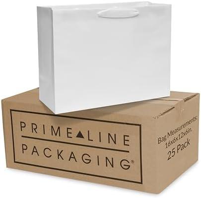 Prime Line Packaging White Paper Bags, Reusable Shopping Gift Bags with Handles for Holidays, Weddings, Birthdays, Thank you, Bulk, Large, 16x6x12, 12Pack