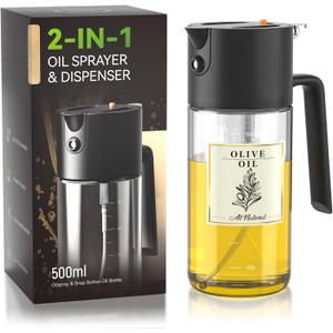 Oil Sprayer for Cooking, 2025 Large Advanced Olive Oil Dispenser Bottle,500ml/17oz Glass Olive Oil Sprayer,2 in 1 Even Spray with Portion Control for Kitchen, Air Fryer, Salad, BBQ - Black