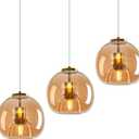 Amber Glass Pendant Lights Kitchen Island Gold Hanging Light Fixture Glass Globe Pendant Light Modern Pendant Lighting for Kitchen Island Bedroom Dining Room (7.87", 3 Pack)