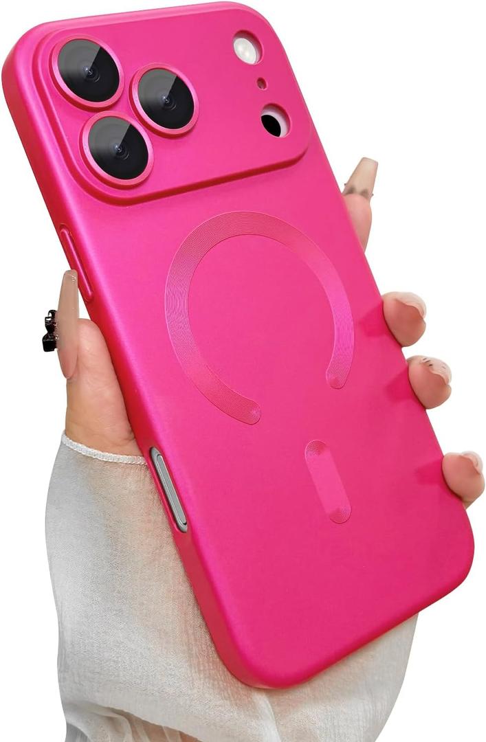 Magnetic for iPhone 17 Pro Max Case, with Camera Lens Protector, Compatible with Magnetic, Slim Shockproof Bumper Soft Silicone Metallic Luster Phone Case for iPhone 17 Pro Max, Hot Pink