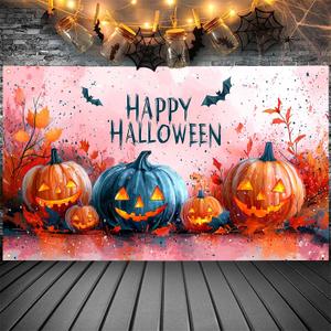 Pink Halloween Decor Happy Halloween Kids Banner, 4x6 ft Night Party Decorations, Spooky Indoor Ghost Banner (Blue Pumpkin)