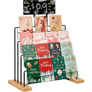 YIYYZI Greeting Card Display Stand, 4Tier Greeting Card Organizer for Cards, Postcard, Photos, Brochure, Sticker, Trading Cards, Metal & Wooden Retail Display Rack for Vendors Counter Retail (Black)