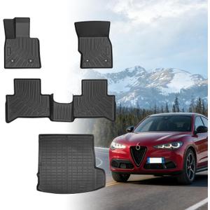 Floor Mats for Alfa Romeo Stelvio & Stelvio Quadrifoglio 2018-2025, Floor Mats for Stelvio Base Ti Veloce, 2 Row Floor Mats & Cargo Mat(with Subwoofer), TPE Anti-Slip Stelvio Mats Accessories