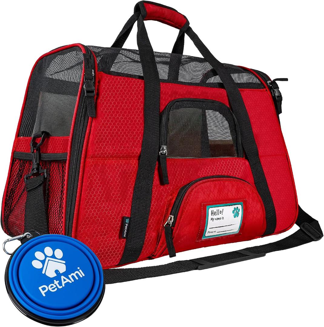 PetAmi Airline Approved Pet Carrier for Cats & Small Dogs, Soft Sided TSA Travel Carrier Bag with Sherpa Bed, Breathable Mesh Ventilation, Collapsible Bowl, Fits Under Seat, Up to 18 lbs, Large Red