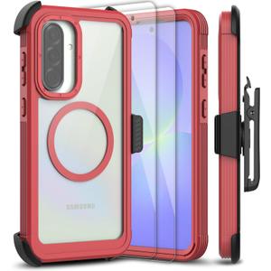 for Samsung Galaxy A36 5G Case, [Transparent & Holster Series] Belt Clip Full Body Shockproof Protective Cell Phone Cover with 2 Pack Tempered Glass Screen Protector (Red/Clear)