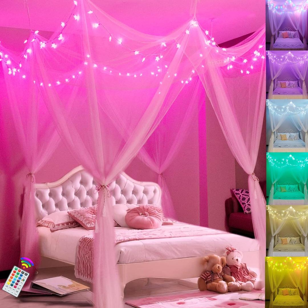 Obrecis White Bed Canopy with Star Lights for Girls, 8 Corner Post Princess Canopy Bed Curtains with 100 LED Star Lights String Color Changing for Bedroom Decor Twin Full Queen King Bed