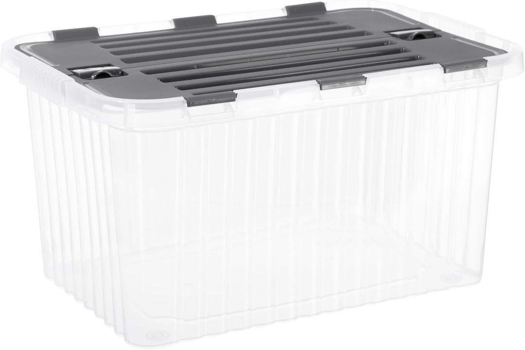 Superio Storage Box with Hinged Lids, Plastic Container Bins for Organizing with Attached Lid, Stackable Crates, BPA Free, Organizers for Home, 35 Quart (Clear with Grey Lids, 20.25"x14"x10.5")