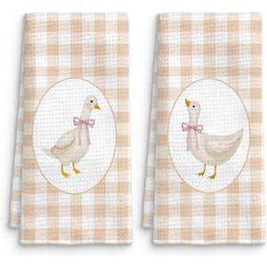 Farmhouse Goose Kitchen Towels Set of 2, Goose Decor Beige Gingham Checkered Dish Tea Towels, Coquette Pink Bow Goose Nursery Hand Towels for Bathroom Kitchen Decor, 16x24 Inch