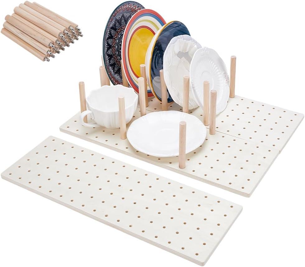 UNICRAFTALE 3Set Wood Pegboard Drawer Organizer Adjustable Wood Tableware Organizer Storage Shelf Wooden Peg Board with 24 Pegs for Dishes Plate Pot Container Cookware Utensil Kitchen 5.79x17.13 in