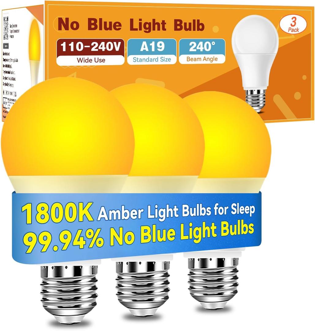 Neporal Amber Sleep Light Bulbs 1800K 3PK, 9W 60 Watt Equivalent, 99.96% Blue Blocking Soft Warm Light Bulbs A19, Amber Night Light E26 for Bedroom and Baby Nursery Light