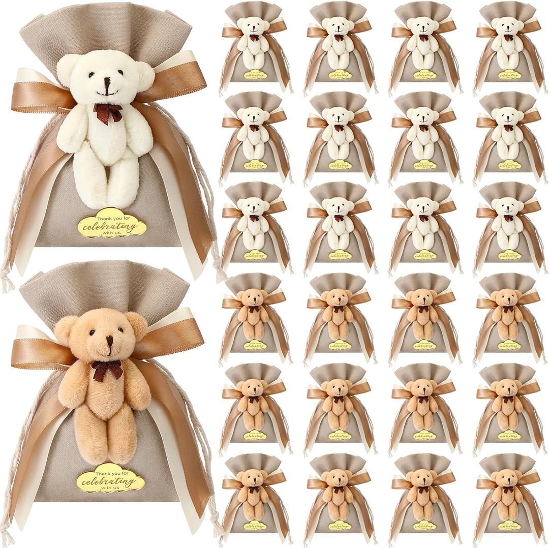 24 Pcs Bear Gift Bag Bulk for Baby Shower Guest Favor 5.3 x 7.1 Inches Candy Cute Plush Bear Drawstring Bag with Bow Thank You Acrylic Sign for Baby Boy Girl Party Decorations(Brown)