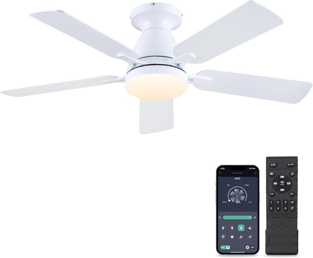 Ceiling Fans-46Inch Low Profile Indoor Ceiling Fan with Light and Remote/APP Control, Dimmable tri-Color temperatures LED,Quiet Reversible Motor,5 Blades Modern Ceiling Fans for Indoor (White)