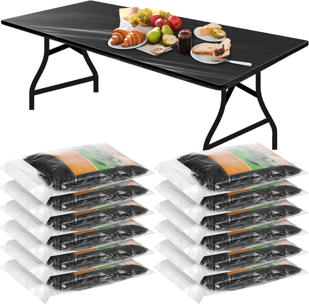 Boao 12 Pcs Plastic Table Cloths Disposable for Parties Picnic Table Covers with Elastic Fitted Elastic Desk Cover Rectangle Waterproof for Indoor, Outdoor, Picnic, Camping(6 Ft, 72 x 30 Inch,Black)