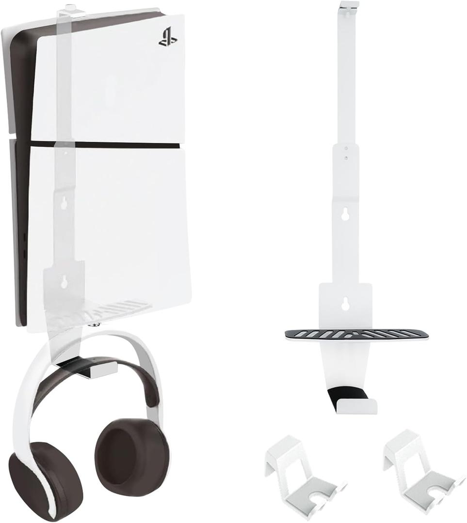 PS5 Wall Mount, Heavy-Duty Steel Mount Kit for Protection & Cooling with 2 Controller Holder and Headset Holder,Compatible with All PS5 Models Including Slim, Pro, Original(White)