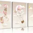 3Pcs Cute Animals Nursery Bunnies Swan Mouse Canvas Wall Art Interesting Cartoon Pictures Wall Decor Pink Hot Air Balloon Posters Prints for Girl Bedroom Living Room Decorate Prepare to hang