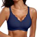 Vertvie Womens Seamless Bras No Underwire Supportive Wireless Push Up Full Coverage Bralette Comfort Scalloped T-Shirt Bra (Large, Navy Blue)