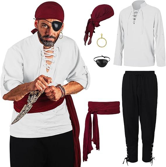Leumoi 6 Pcs Men's Pirate Costume Men's Renaissance Medieval Viking Shirt Banded Pants Bandana Sash Belt Eye Patch Earrings (Medium, White, Wine Red)