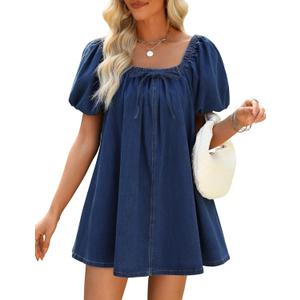 Denim Dress for Women, Puff Short Sleeve Jean Dress Square Neck Denim Romper with Pockets (Small, Dark Blue)