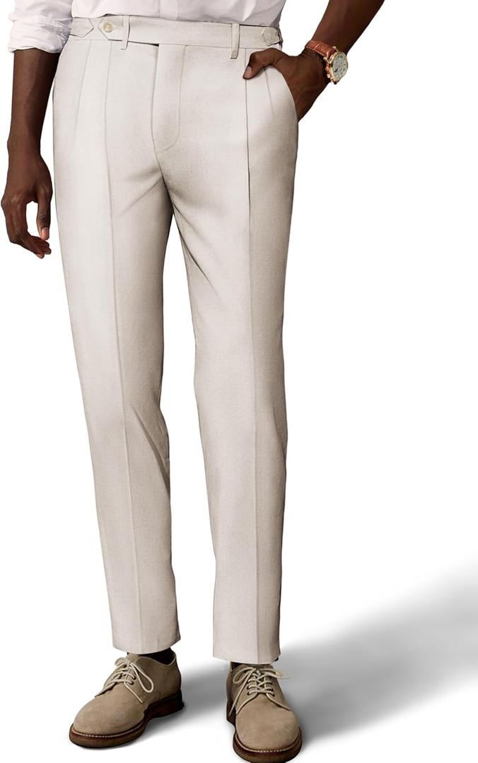 PJ PAUL JONES Mens Linen Dress Pants Casual Slim Fit Expandable Wasit Pleated Front Trousers (Medium, Light Khaki)