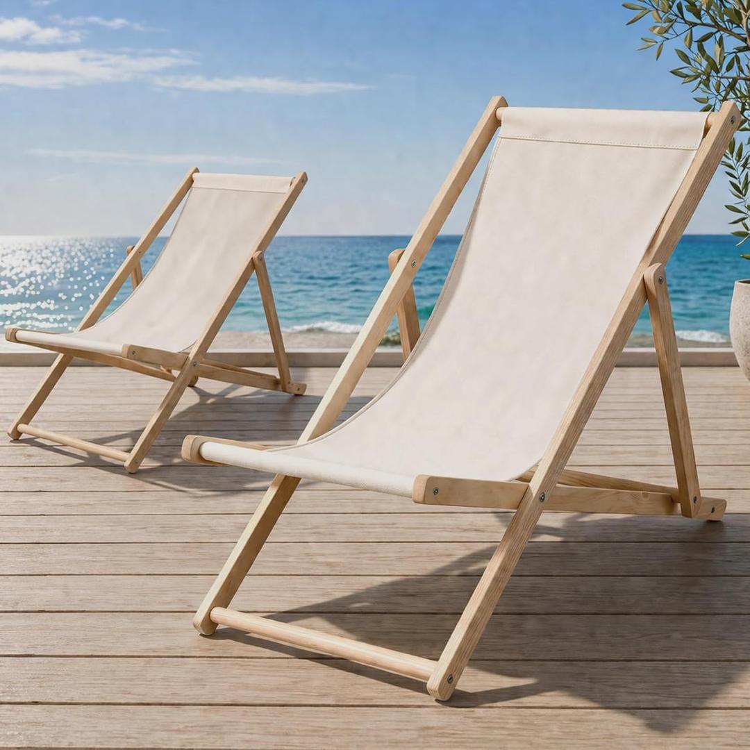 AceOrbit 2 Pcs Outdoor Folding Sling Chair - Solid Pine Wood Frame & Breathable Oxford Fabric - 3-Position Adjustable Portable Lounge Chair for Beach, Patio, and Backyard (Cream White)