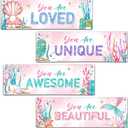 4 Pieces Mermaid Girls Bathroom Room Decor, 11.8" x 3.9" Under the Sea Wall Decor Wood Sign, Motivational Wall Art For Kids Room Nursery Playroom Classroom-A07