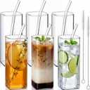 Inbagi 6 Pcs Square Drinking Glasses with Glass Straws 15.6 oz Highball Cups Clear Kitchen Glassware Elegant Bar Bottles for Water, Wine, Juice, Cocktail, Coffee and Mixed Drinks