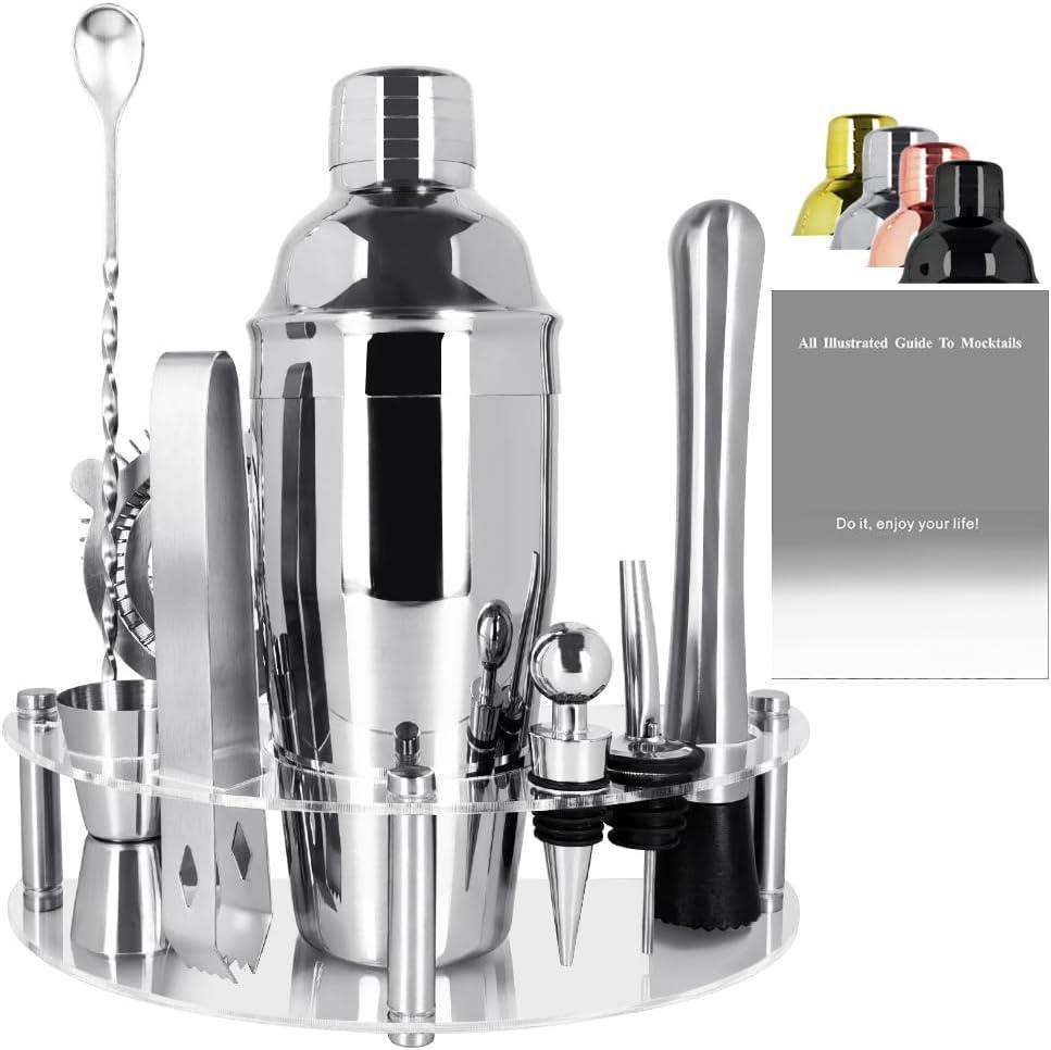 9Pcs/Set Cocktail Shaker Set with Stand, 750ml (25oz) Cocktail Shaker Bartender Kit: Bar Tool Set, Drink Mixing Includes Shakers Strainer Jigger Bar Mixer Spoon Muddler Pourer Bottle Stopper (Silver)
