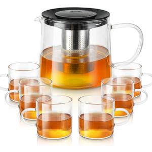 Glass Teapot 51oz/1500ml with 6 Pack Tea Cups Gift Set, Removable Stainless Steel Infuser Tea pot, Heatproof Borosilicate Glass Tea Make, Stovetop Safe Glass Tea Kettle for Loose and Blooming Leaf Tea