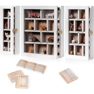 DoubleFill Set of 3 Wooden Trinket Display Shelf Shadow Box with Shelves 10 x 15 Inch Large Wall Mounted Display Storage Mini Figures Curio Trinket Medals Crafts Collections (Antique White, Box Shape)