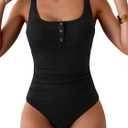B2prity One Piece Swimsuit for Women Tummy Control Ruched Slimming Bathing Suit Button Full Coverage Swimwear (Large, Black(ribbed))