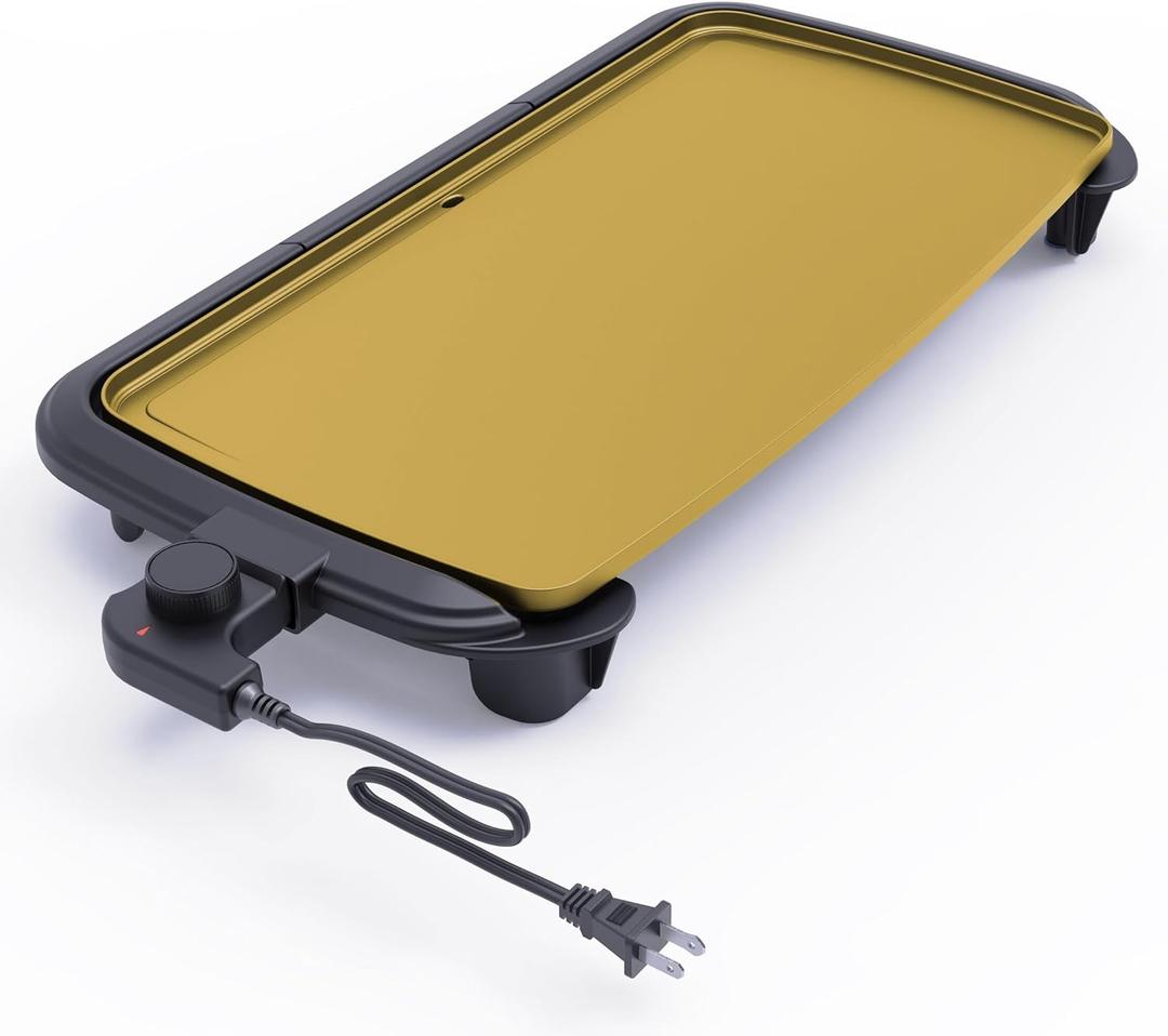 Nonstick 20 Inch Electric Griddle Teflon-free, 10 Eggs at Once, Cool-Touch Handles and Slide-Out Drip Tray, for Breakfast Pancakes, Burgers, Eggs, Gold 