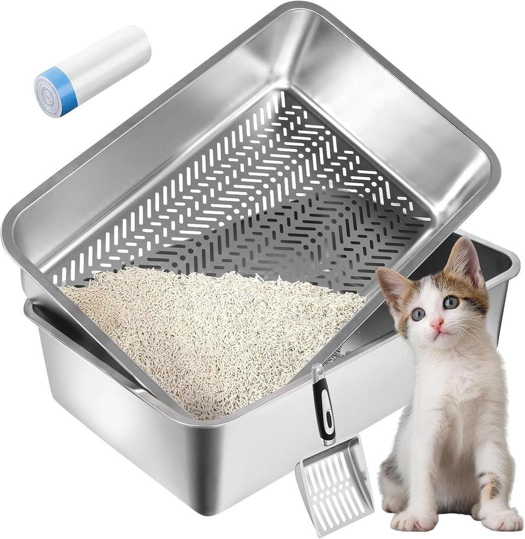 XXL 23.6" L x 15.7" W x 8" H Stainless Steel Sifting Litter Box for Pine Pellets, Metal Litter Pan for Big Cats, Non Clumping Sifter Litter System with Liners Scoop, Odor Control, Easy Clean