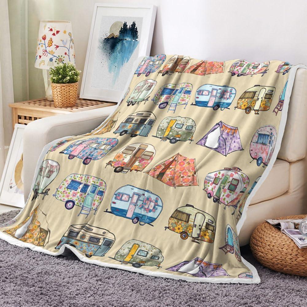 Camping Blanket, RV Camping Gifts for Women Men, Soft Flannel Camping Essentials Decor Throw Blanket, Camping Accessories for RV Campers Must Haves Bed Sofa Couch Decor 60x80IN