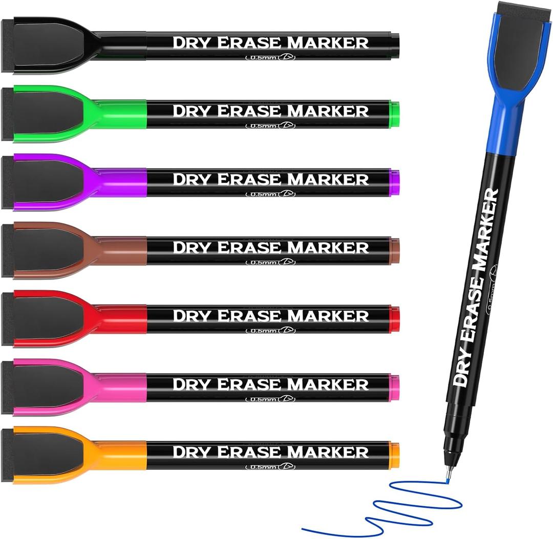 MaxGear Dry Erase Markers Ultra Fine Tip with Eraser, Assorted Color Magnetic Whiteboard Markers Extra Fine Point 0.5 mm Low Odor for White Board, School Supplies for Classroom, Home, Office, 8 Count