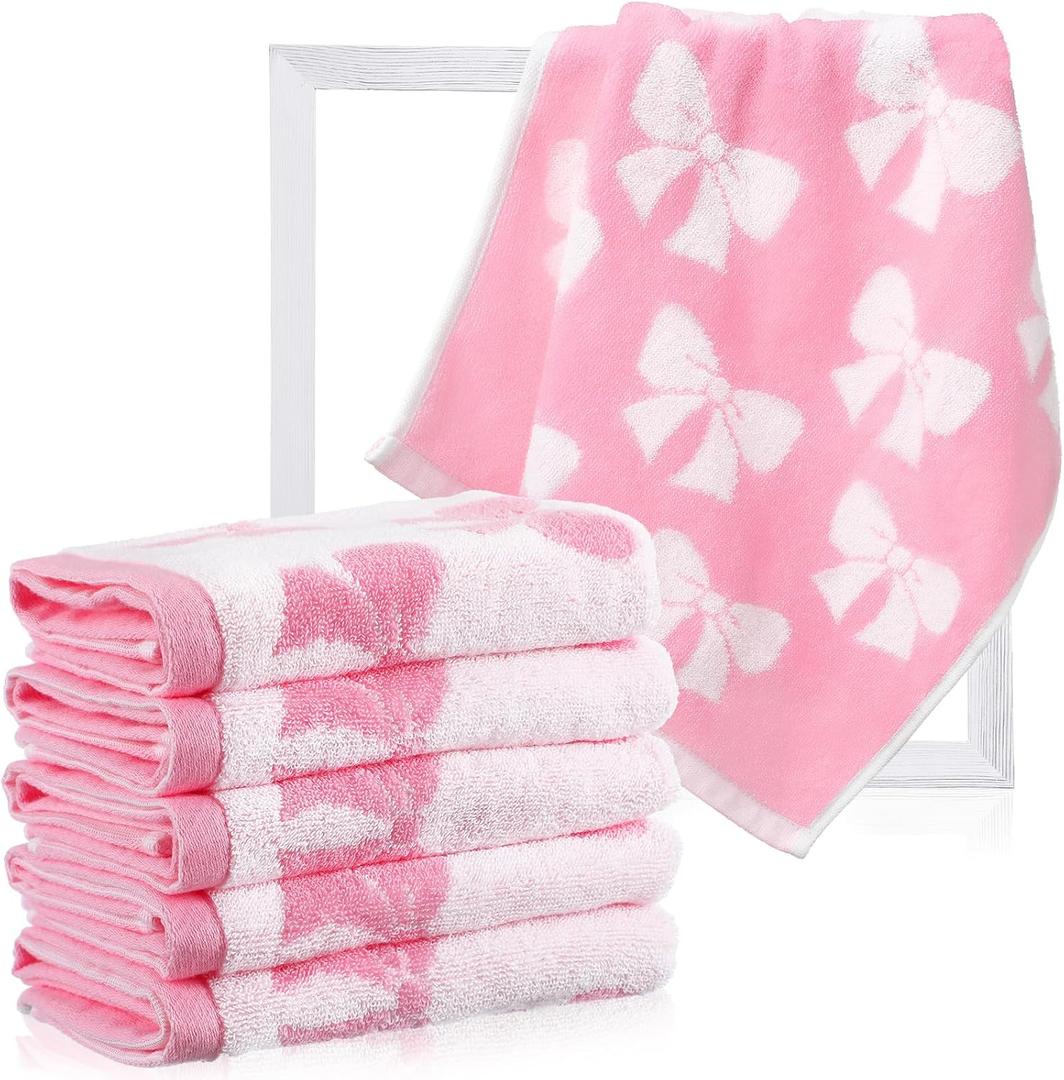 SmoothNovelty 6 Pcs Pink Bow Washcloths 100% Cotton Wash Cloths 13" x 13" Coquette Small Face Towels Absorbent Soft Hand Bath Towels for Bathroom, Spa, Kitchen Drying Cleaning(Cute Style)
