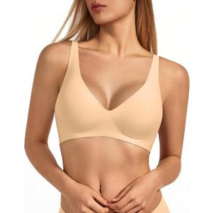 VQJ Women's Wireless Bra Ultra Soft Deep V Plunge Jelly Push Up, Seamless Comfort Bralette with Light Support, No Underwire Everyday T-Shirt Bra (Nude-S)