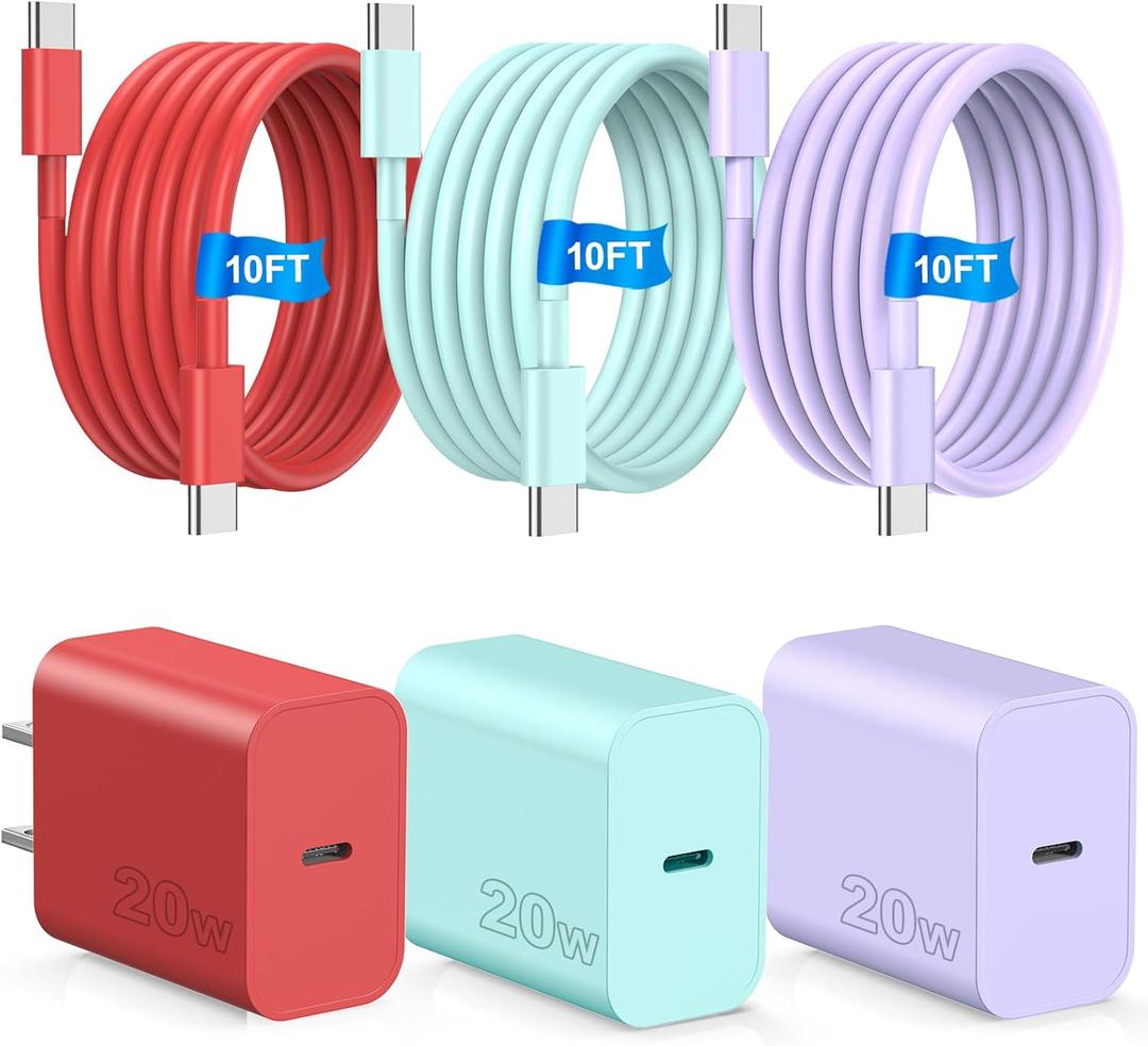 Compatible with iPhone 17 16 15 Fast Charger,Type C Charger Block,USB C Wall Charger Block with 3Pack 10ft USB C to C Charging Cable Compatible with iPhone 17/16/Pro/Plus/15/Pro/Pro Max,Samsumg Galay (red-purple-green)