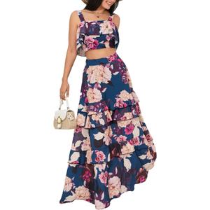 SOMTHRON Women's Summer 2 Piece Outfits Floral Print Strap Crop Tops Tiered Ruffle Skirt Sets Maxi Long Dress (Large)