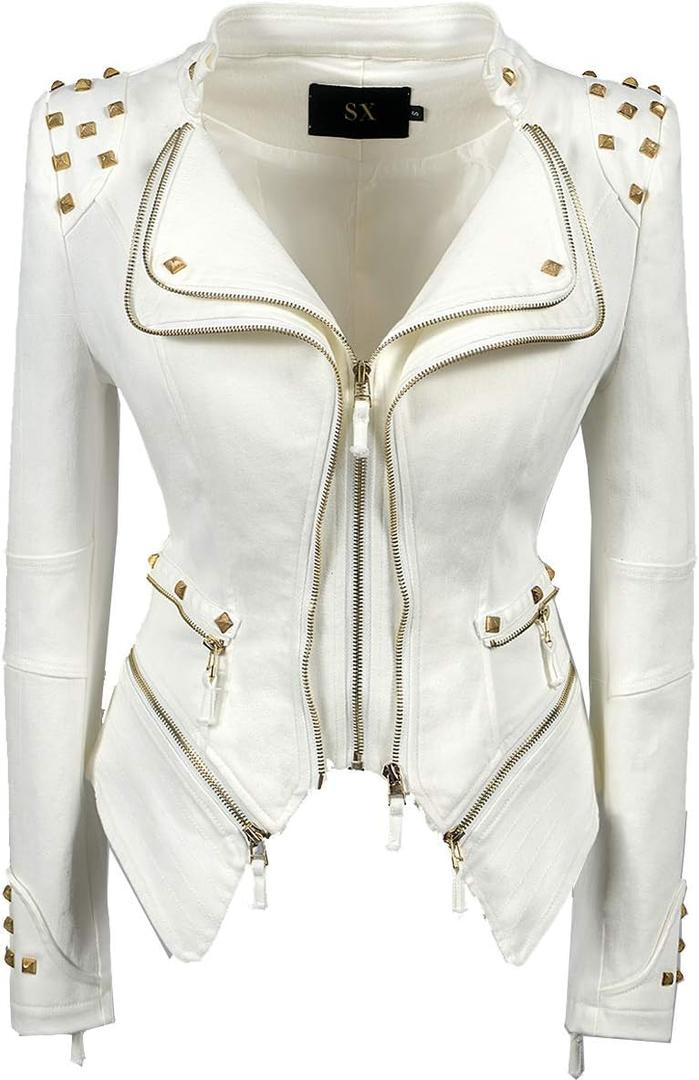 Fashion SX Womens Rivet Faux Leather Jacket Zipper Moto Biker Denim coat Motorcycle Outwear (Large, White)
