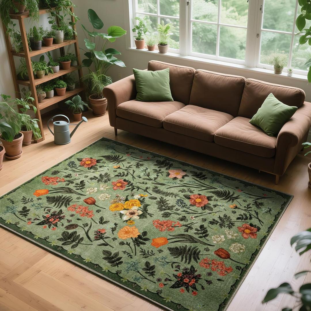 Asrug Flroal Green 5x7 Area Rugs for Living Room, Non Slip Rugs for Bedroom, Indoor Throw Dining Room Rugs for Under Table Carpet for Kitchen Office, Green,5x7 Feet