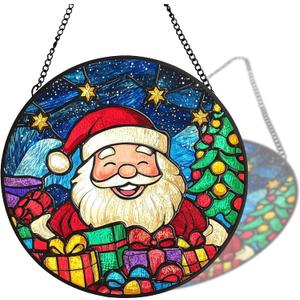 Stained Glass Window Hanging Decortions, Handmade Double-Sided 7.87''Hanging Wall Art Ornament, Birthday Gift for Mom Women Wife, Housewarming Gift(Santa)