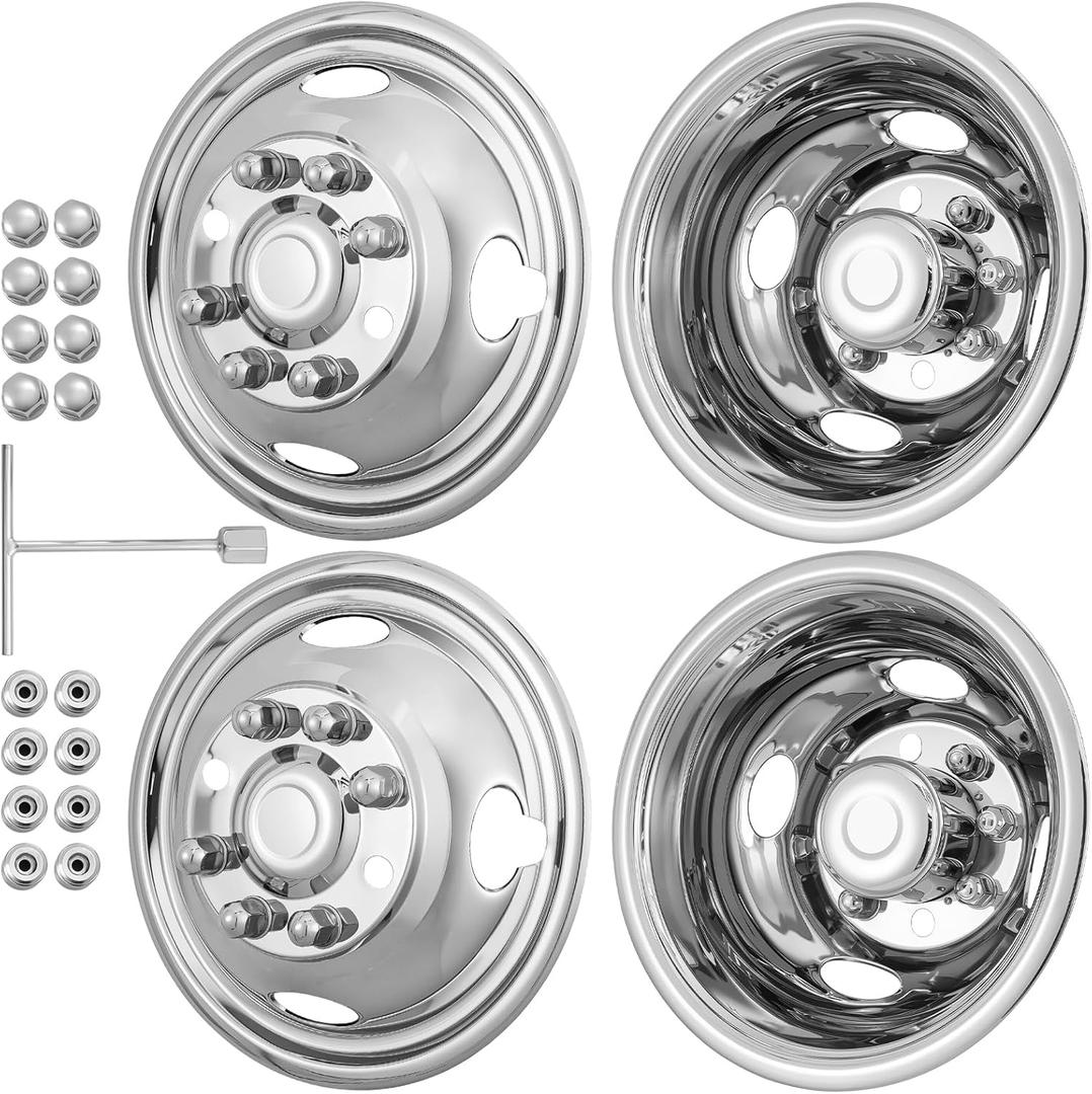 16" 8 Lug Wheel Simulators, 304 Stainless Steel Simulator, with Bolt Kit Fit for 1974-2000 Chevy GMC 3500; 1974-1998 Ford F350; 2008-2021(2017 not Fit) E350/E450 Van; 1974-1999 Dodge Ram 3500(16IN)