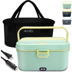 Aotto Electric Lunch Box 2L, 90W Fast Heating (12V/24V/110V) Heated Portable Food Warmer for Car/Truck/Office  Stainless Steel Container, Insulated Carry Bag  Ideal for Adults, Men, Women, Green