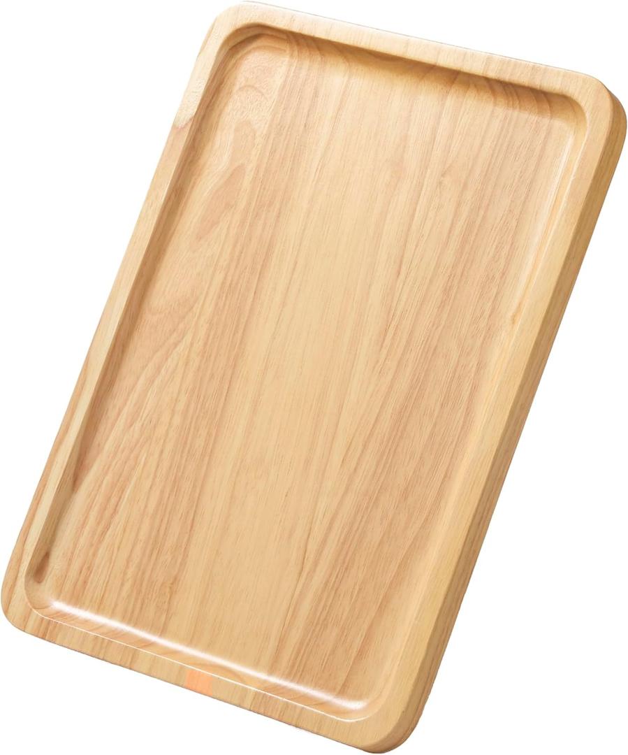 Rectangular Wooden Serving Tray, 9.8" x 6.7" with Side Handles, Natural Solid Wood Platter for Bread, Fruits, Snacks & Dessert, Modern Rustic Easy-to-Carry Tray for Home & Kitchen Use