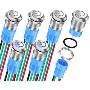 DaierTek 12mm Latching Push Button Switch 12V LED Blue Waterproof ON Off Maintained Power Button 12 Volt Small Round Metal Black Wired for Automotive - 6pcs (Silver)