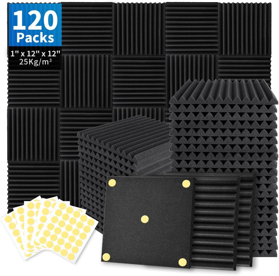 Focusound 120 Pack Acoustic Foam Panels 1" x 12" x 12" Sound Proof Foam Panels Soundproofing Noise Cancelling Wedge Panels for Home Office Recoding Studio with 600 PCS Double-Side Adhesive