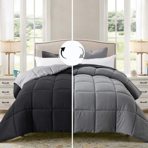 ELNIDO QUEEN All-Season Reversible Down Alternative Quilted Comforter- Corner Duvet Tabs-Machine Washable-Duvet Insert or Stand  Alone Lightweight Comforter- Black/Gray -Full Size(8286 Inch)