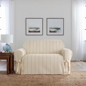 SureFit Heavyweight Cotton Duck Loveseat Slipcovers, Printed Heavyweight Cotton Loveseat Cover, One Piece Design, Loveseat Cover with Seat Elastic and Adjustable Corner Ties, Natural with Blue Stripe, 38"D x 70"W x 36"H